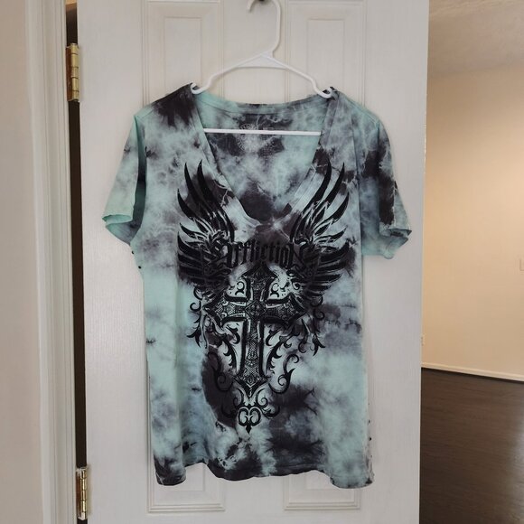 Affliction Tops - Affliction Short Sleeve V-neck Tee Shirt | Large | Mint Green/Black